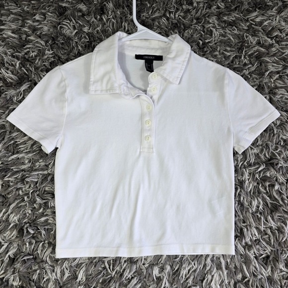 Forever 21 Tops - Forever 21 Womens White Short Sleeve Cropped Polo Shirt Size Medium Cotton Blend